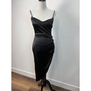 Lovely Day‎ Black Spaghetti Strap Midi Dress Asymmetrical Size M Satin Bodycon